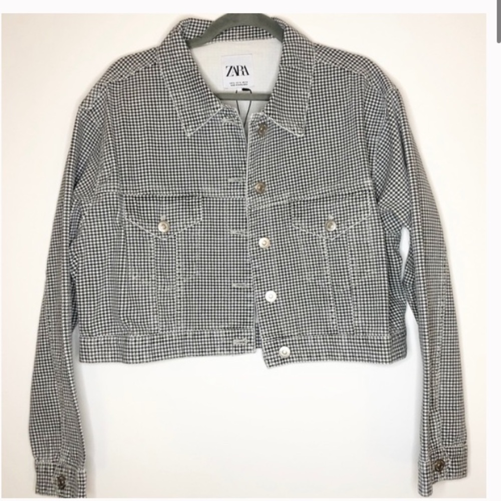 Zara Cropped Gingham Denim Jacket